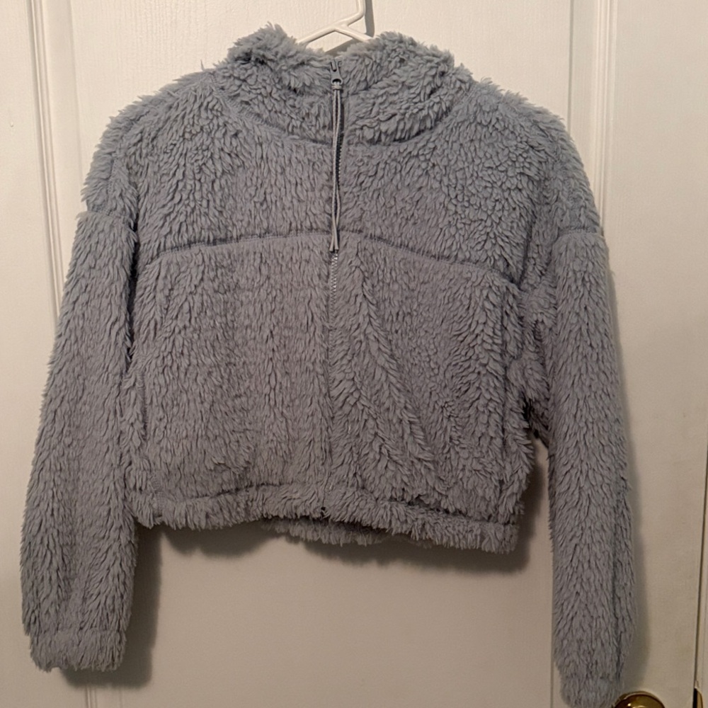 Urban Outfitters Gray/ Light Blue Fuzzy Sherpa Zip Hoodie